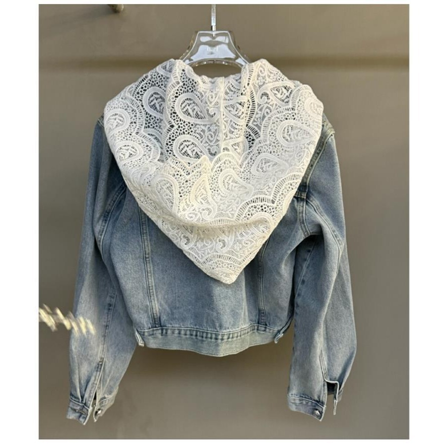 小香風 蕾絲連帽牛仔短外套-細節圖3