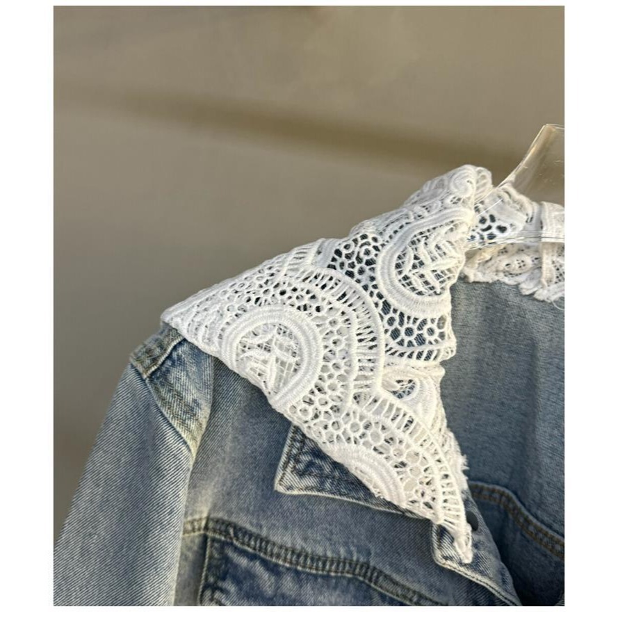 小香風 蕾絲連帽牛仔短外套-細節圖4