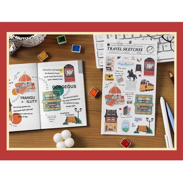 【小薰選品】台灣現貨 旅行速寫系列 和紙 貼紙 旅行 小物 手賬 裝飾 diy 小貼畫 雜誌 城市 水彩插畫-細節圖6