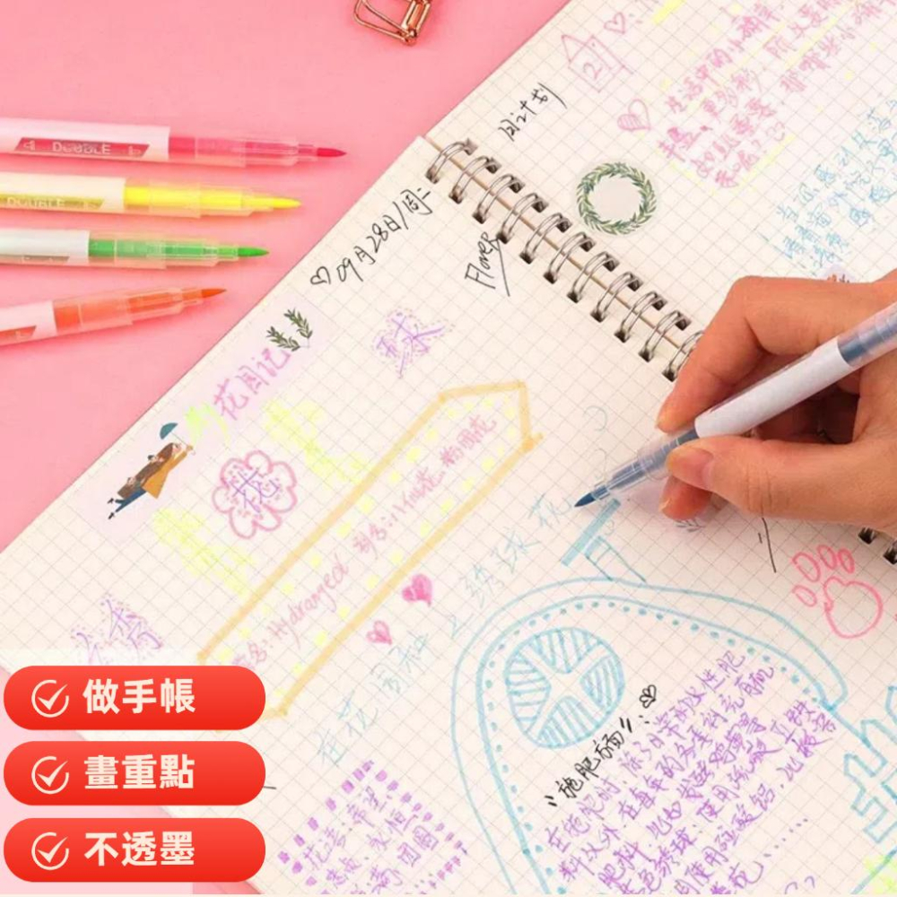 台灣現貨 螢光筆 雙頭螢光筆 雙頭筆 畫線筆 記號筆 斜頭標記筆 重點筆 彩色筆 劃線標記筆 文具 筆-細節圖4