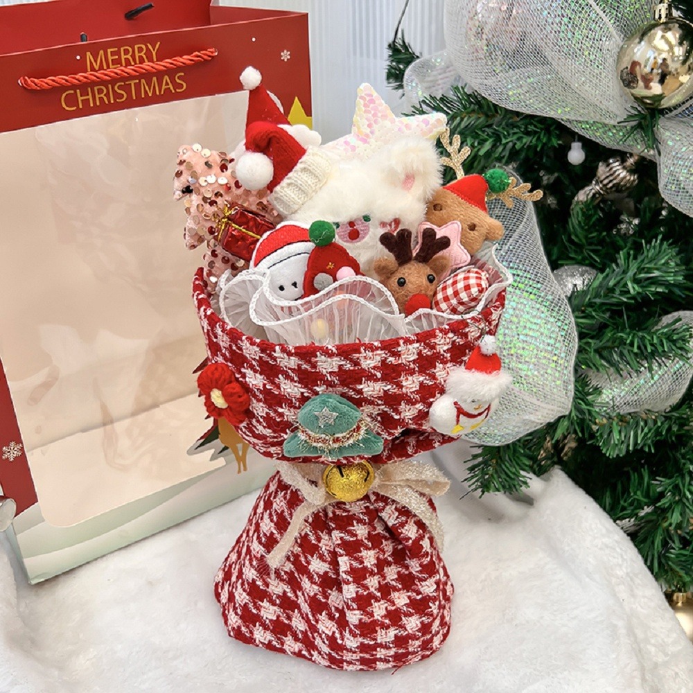 【台灣現貨】聖誕格紋花束 小熊花束 玩偶花束 成品(聖誕禮物 發光禮物 交換禮物 畢業禮物)-規格圖3