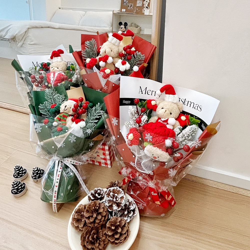 【台灣現貨】創意聖誕針織 玩偶花束 小熊花束(聖誕禮物 發光禮物 交換禮物 畢業禮物)-細節圖2