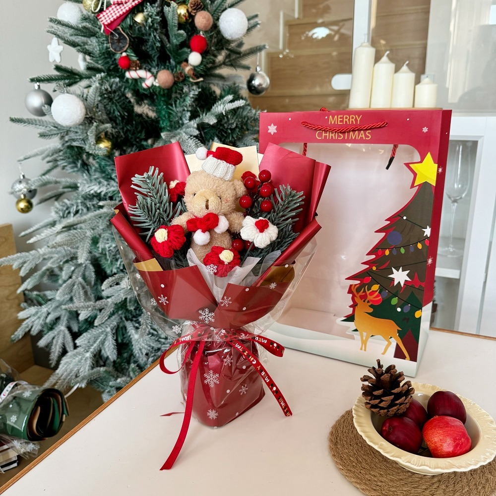 【台灣現貨】創意聖誕針織 玩偶花束 小熊花束(聖誕禮物 發光禮物 交換禮物 畢業禮物)-細節圖3