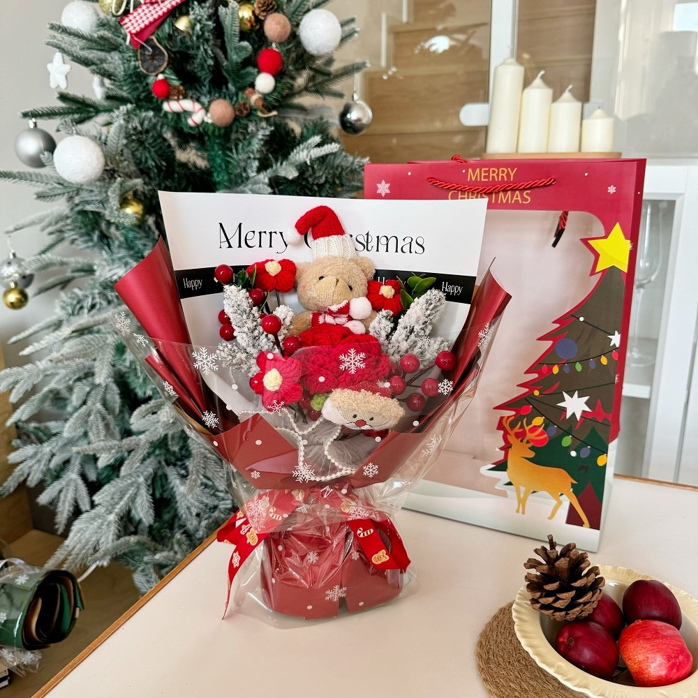 【台灣現貨】創意聖誕針織玫瑰花 玩偶花束 小熊花束(聖誕禮物 發光禮物 交換禮物 畢業禮物)-細節圖4