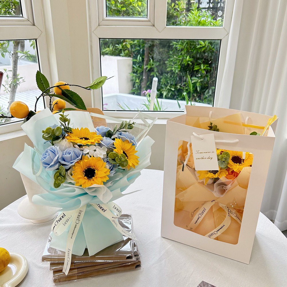 【台灣24H寄出】手工香皂花花束-向日葵玫瑰花贈氣氛小燈串及卡片(情人節 母親節 教師節 畢業)-規格圖2