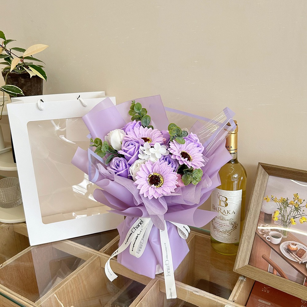 【台灣24H寄出】手工香皂花花束-向日葵玫瑰花贈氣氛小燈串及卡片(情人節 母親節 教師節 畢業)-規格圖2