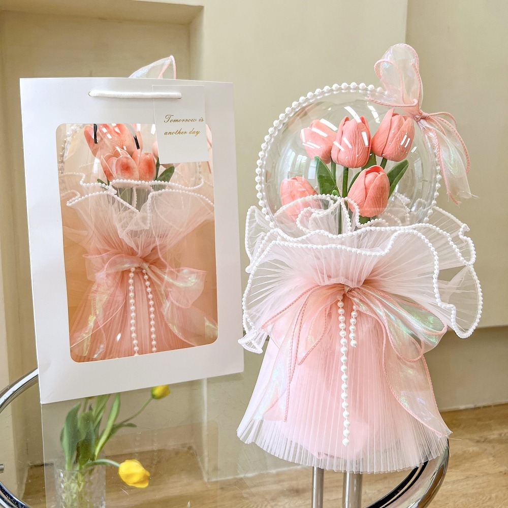 【台灣24H寄出】鬱金香香皂花束波波球花束 仿真花束禮盒(情人節 母親節 教師節 畢業禮) 贈燈串及卡片-細節圖2