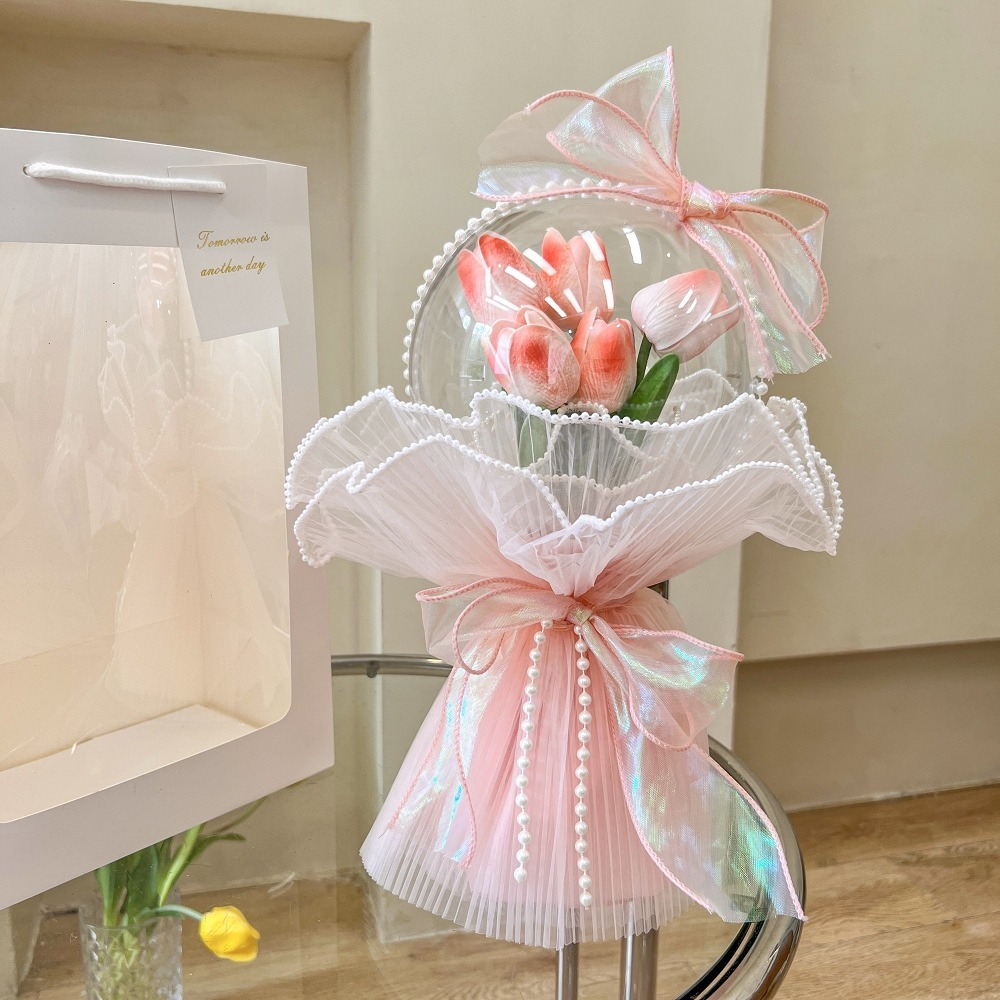 【台灣24H寄出】鬱金香香皂花束波波球花束 仿真花束禮盒(情人節 母親節 教師節 畢業禮) 贈燈串及卡片-規格圖2