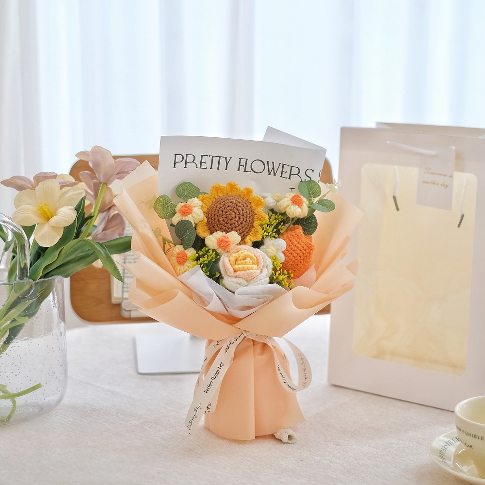 【台灣24H寄出】創意手工編織花 康乃馨 玫瑰 手工針織 成品花束(情人節 母親節 教師節 生日) 附提袋卡片燈-細節圖3