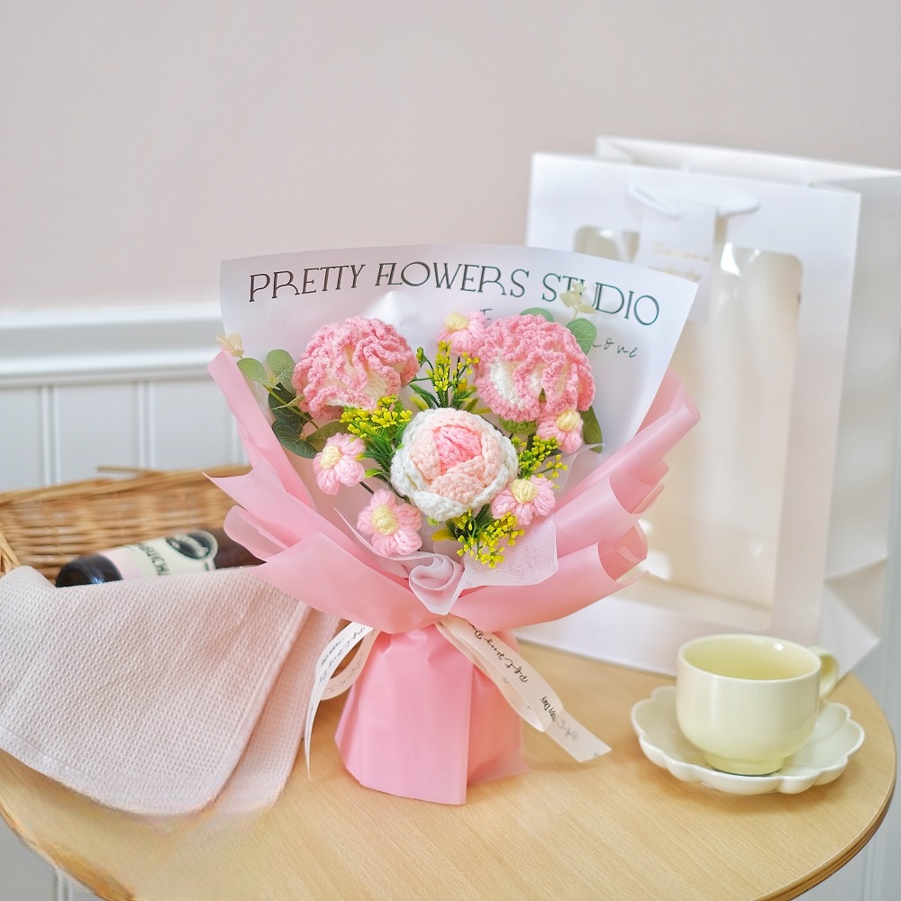 【台灣24H寄出】創意手工編織花 康乃馨 玫瑰 手工針織 成品花束(情人節 母親節 教師節 生日) 附提袋卡片燈-規格圖3