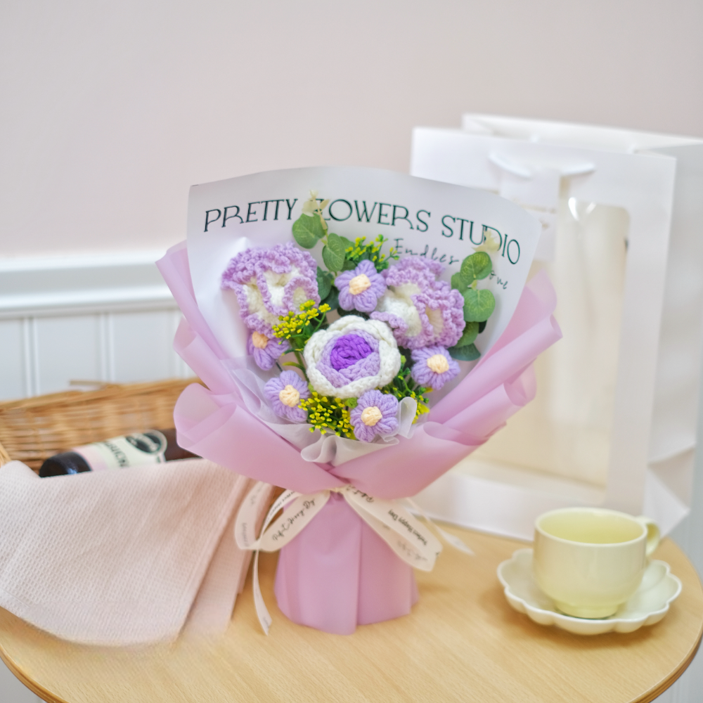 【台灣24H寄出】創意手工編織花 康乃馨 玫瑰 手工針織 成品花束(情人節 母親節 教師節 生日) 附提袋卡片燈-規格圖3