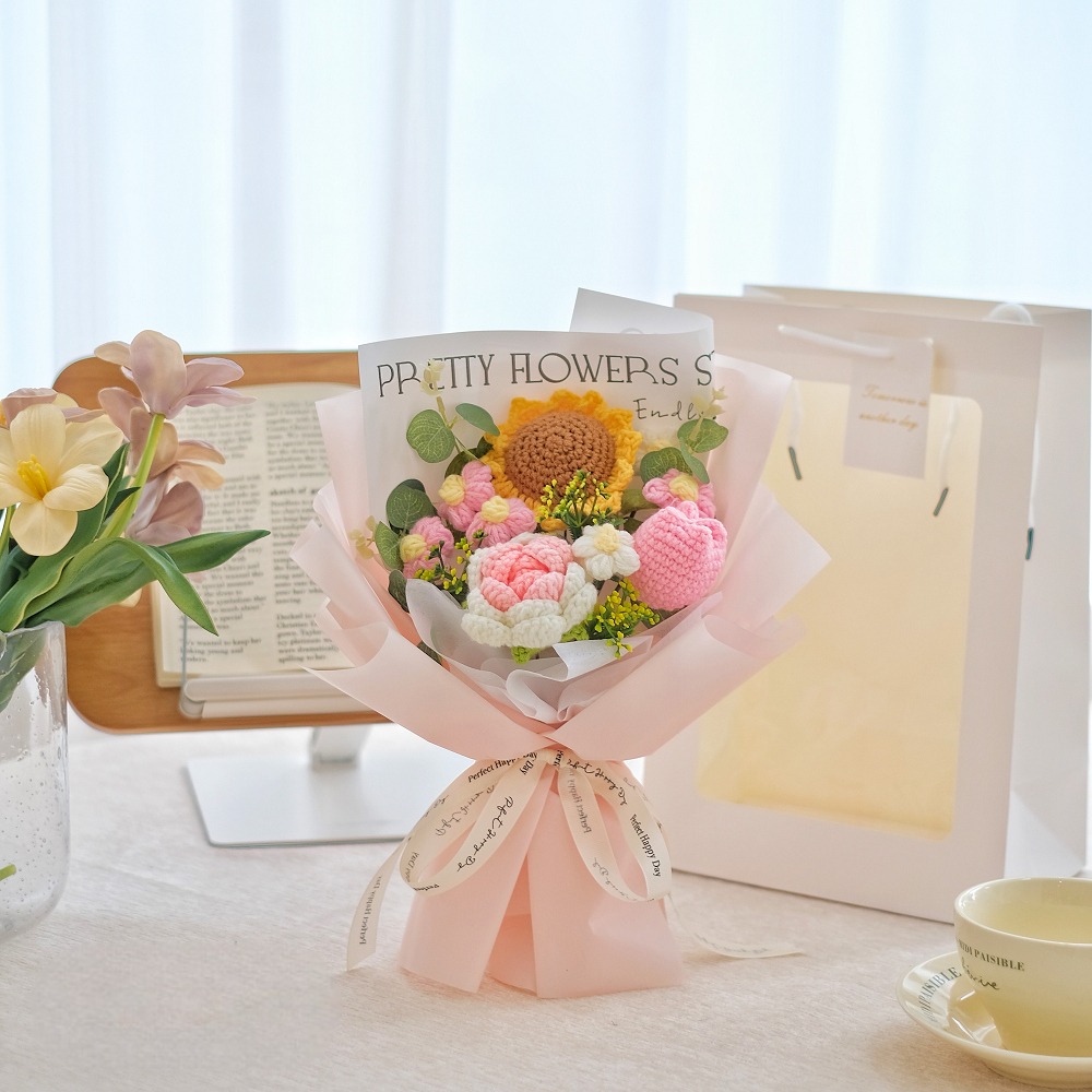 【台灣24H寄出】創意手工編織花 康乃馨 玫瑰 手工針織 成品花束(情人節 母親節 教師節 生日) 附提袋卡片燈-規格圖3