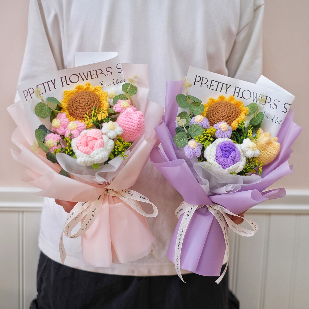 【台灣24H寄出】創意手工編織花 康乃馨 玫瑰 手工針織 成品花束(情人節 母親節 教師節 生日) 附提袋卡片燈-規格圖3