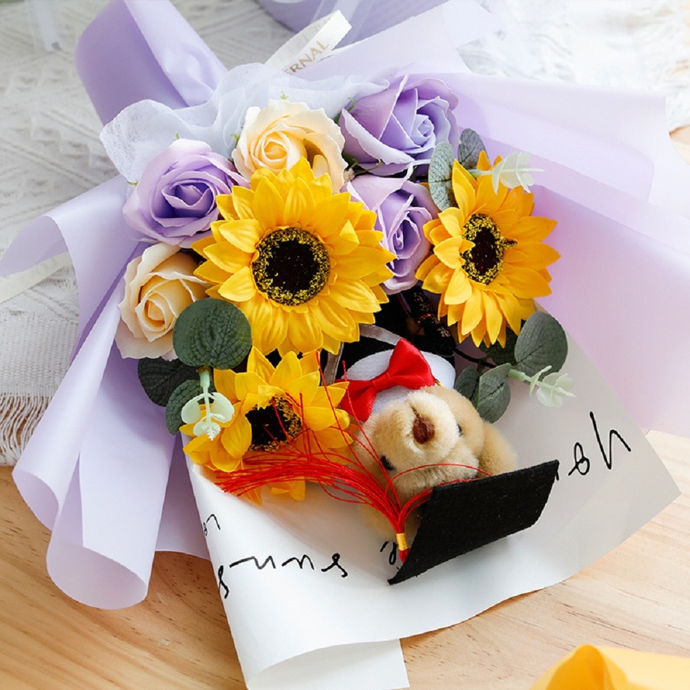 【台灣24H寄出】畢業花束 畢業熊花束 小熊花束 向日葵 太陽花(教師節禮物)-細節圖5