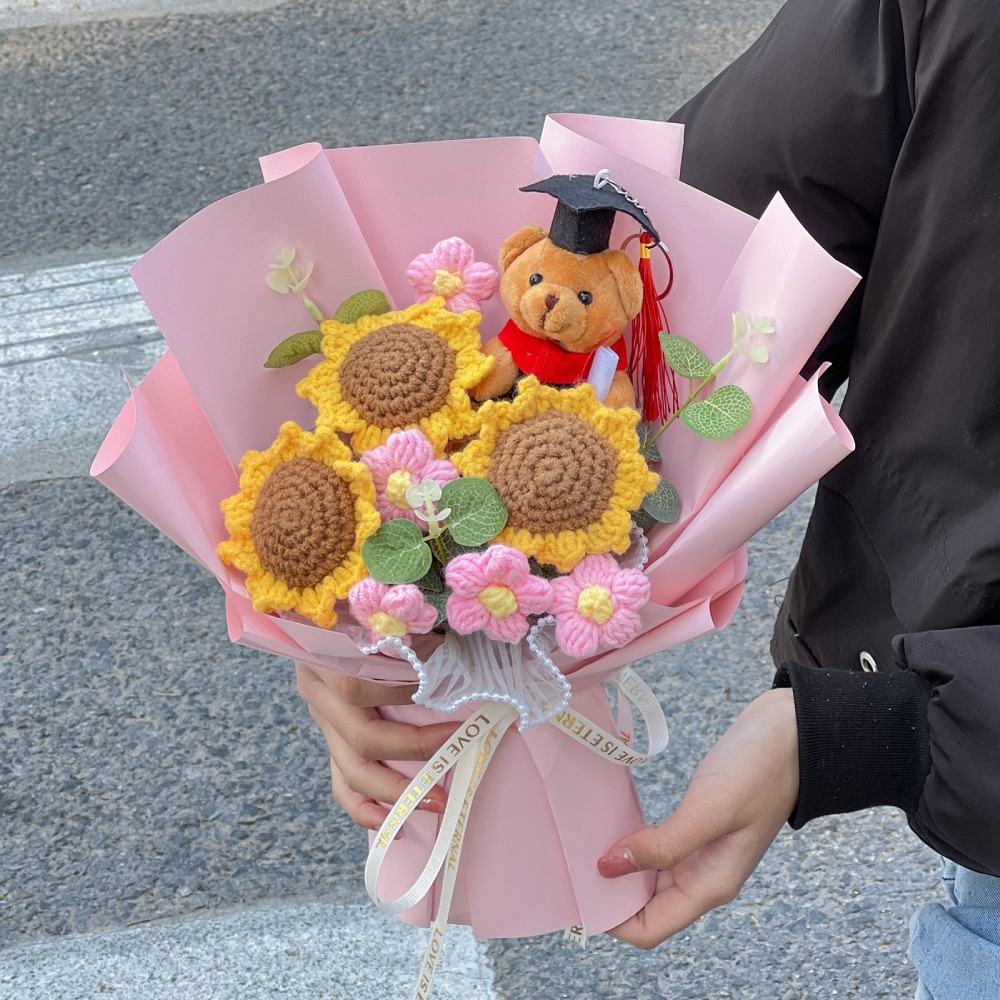 【台灣24H寄出】針織花束 畢業熊花束 小熊花束 向日葵 太陽花(畢業 教師節禮物)-規格圖4
