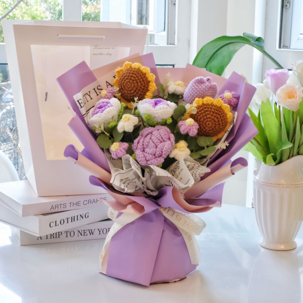 【現貨秒出】大束針織花束 畢業花束 玫瑰 鬱金香 向日葵 太陽花(畢業 教師節 情人節 婚禮 告白 生日禮物)-規格圖4