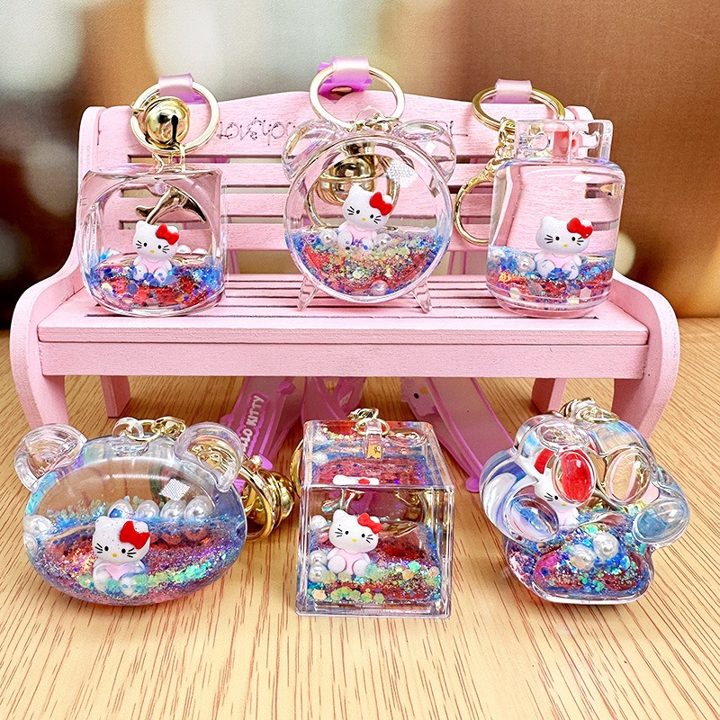 【現貨當天寄出】人魚姬入油流沙鑰匙扣女精緻鬧鐘貓爪熊頭閨蜜情侶配飾包包掛件 舒壓 減壓掛件-細節圖2