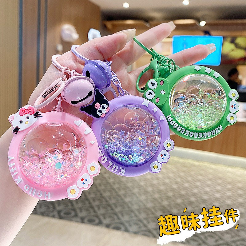 【現貨當天寄出】人魚姬入油流沙鑰匙扣女精緻鬧鐘貓爪熊頭閨蜜情侶配飾包包掛件 舒壓 減壓掛件-細節圖5