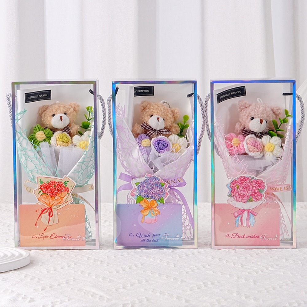 小熊卡通玩偶花束手工玫瑰花針織毛線花束假花 發光禮物 畢業花束  聖誕禮物 交換禮物 公司團購 抽獎-細節圖2