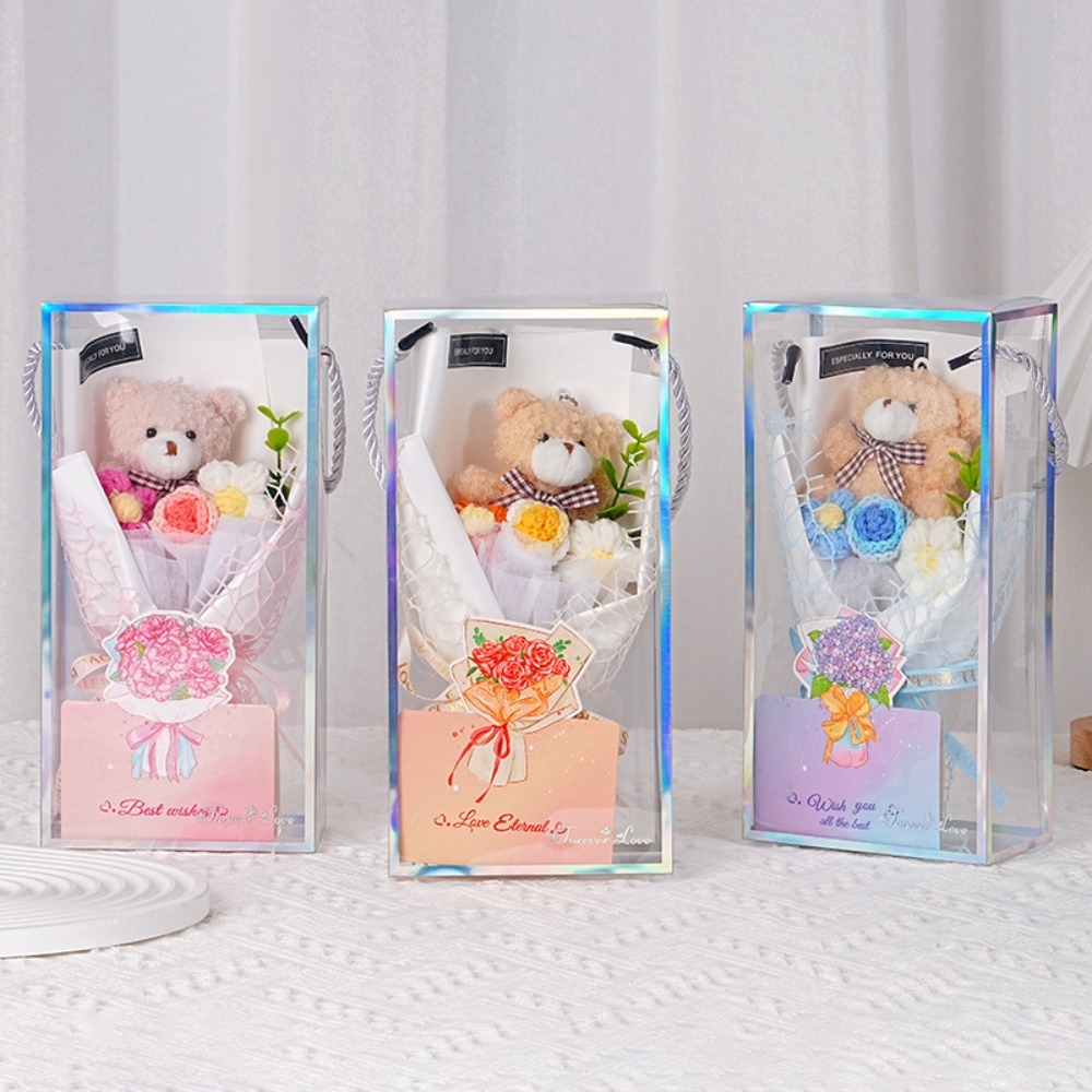 小熊卡通玩偶花束手工玫瑰花針織毛線花束假花 發光禮物 畢業花束  聖誕禮物 交換禮物 公司團購 抽獎-細節圖4