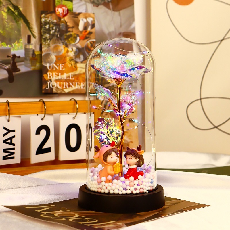 鹿角+白色玫瑰花+2m彩燈玻璃罩