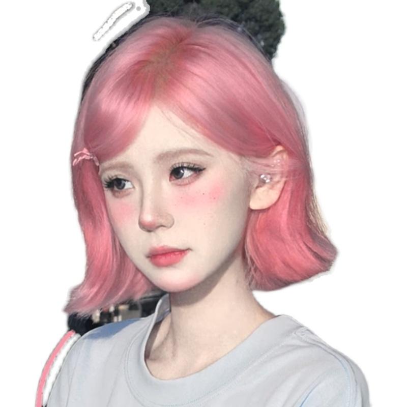 草莓糖粉 □ 川崎家假髮 ■ 粉色假髮全頭套短髮cos外翻翹lolita整頂女團彩齊肩頭髮-細節圖5