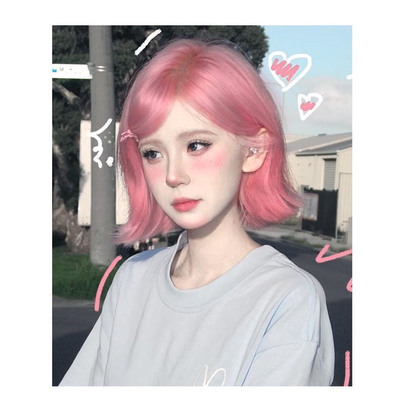 草莓糖粉 □ 川崎家假髮 ■ 粉色假髮全頭套短髮cos外翻翹lolita整頂女團彩齊肩頭髮-細節圖7