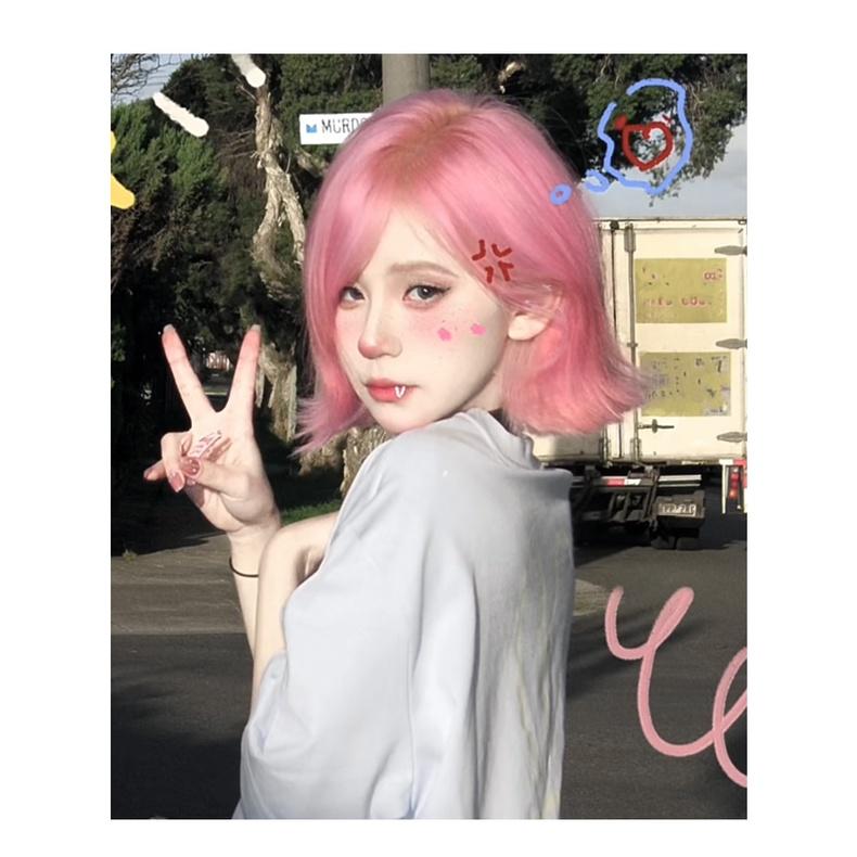 草莓糖粉 □ 川崎家假髮 ■ 粉色假髮全頭套短髮cos外翻翹lolita整頂女團彩齊肩頭髮-細節圖8
