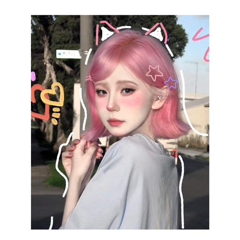 草莓糖粉 □ 川崎家假髮 ■ 粉色假髮全頭套短髮cos外翻翹lolita整頂女團彩齊肩頭髮-細節圖9