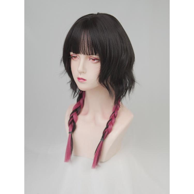 韓系外出百搭 □ 川崎家假髮 ■ 水母頭姬髮假髮水波捲髮全頭套長髮雙麻花辮子黑紅漸變-細節圖3