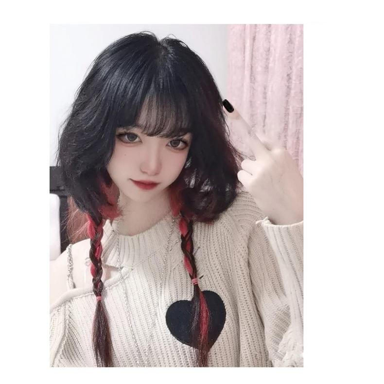 韓系外出百搭 □ 川崎家假髮 ■ 水母頭姬髮假髮水波捲髮全頭套長髮雙麻花辮子黑紅漸變-細節圖6