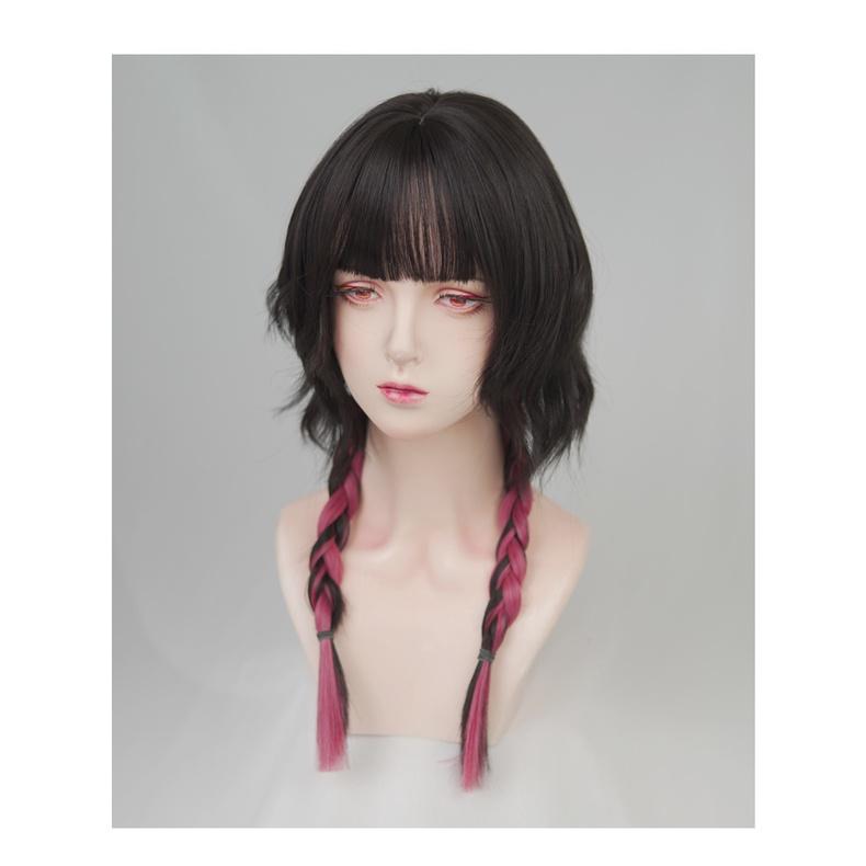 韓系外出百搭 □ 川崎家假髮 ■ 水母頭姬髮假髮水波捲髮全頭套長髮雙麻花辮子黑紅漸變-細節圖8