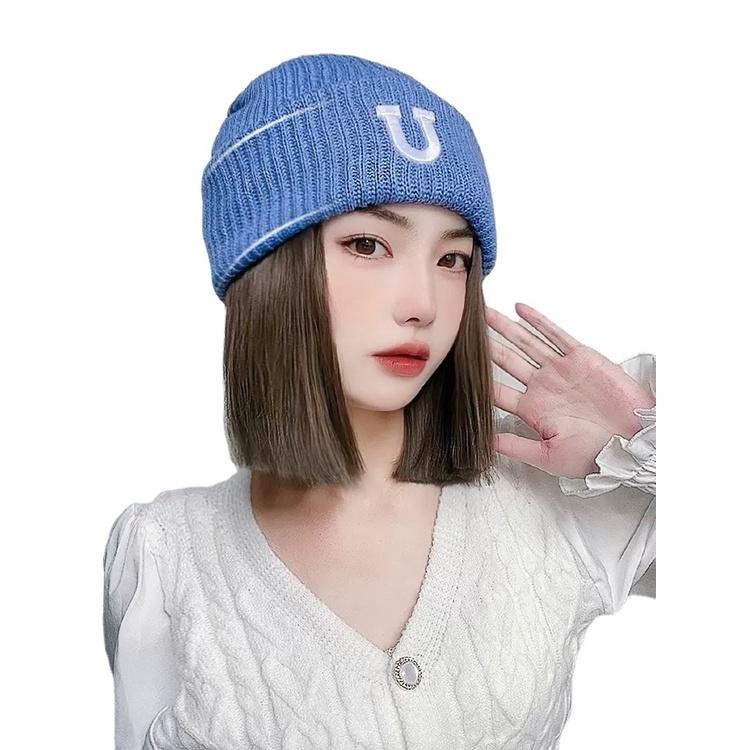 帽子假髮🦄 川崎家假髮 🦄U型針織帽短直發帽子假髮一體不可拆一刀齊甜酷女孩字母帽全頭套-細節圖5