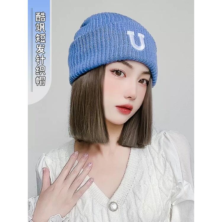 帽子假髮🦄 川崎家假髮 🦄U型針織帽短直發帽子假髮一體不可拆一刀齊甜酷女孩字母帽全頭套-細節圖8