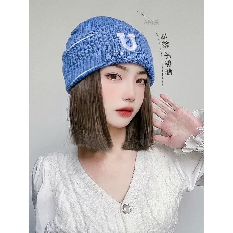 帽子假髮🦄 川崎家假髮 🦄U型針織帽短直發帽子假髮一體不可拆一刀齊甜酷女孩字母帽全頭套-細節圖9