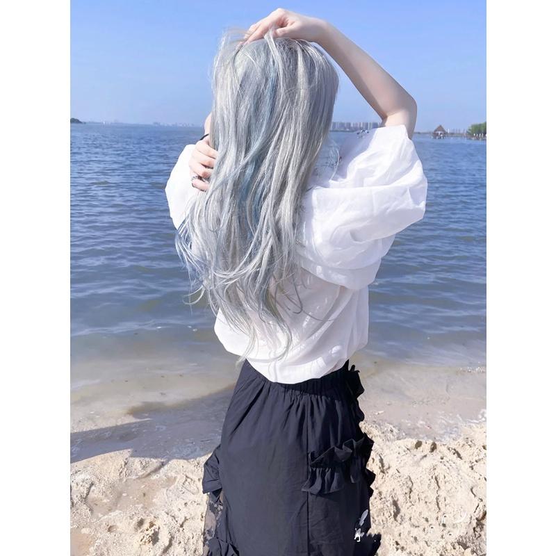 假髮川崎家☪︎⋆｡˚那年夏天寧靜的海.ᐟ.✾灰白挑染霧灰藍⋆*法式瀏海可鹽可甜蓬鬆自然波浪長捲假髮✽KZ036-細節圖4