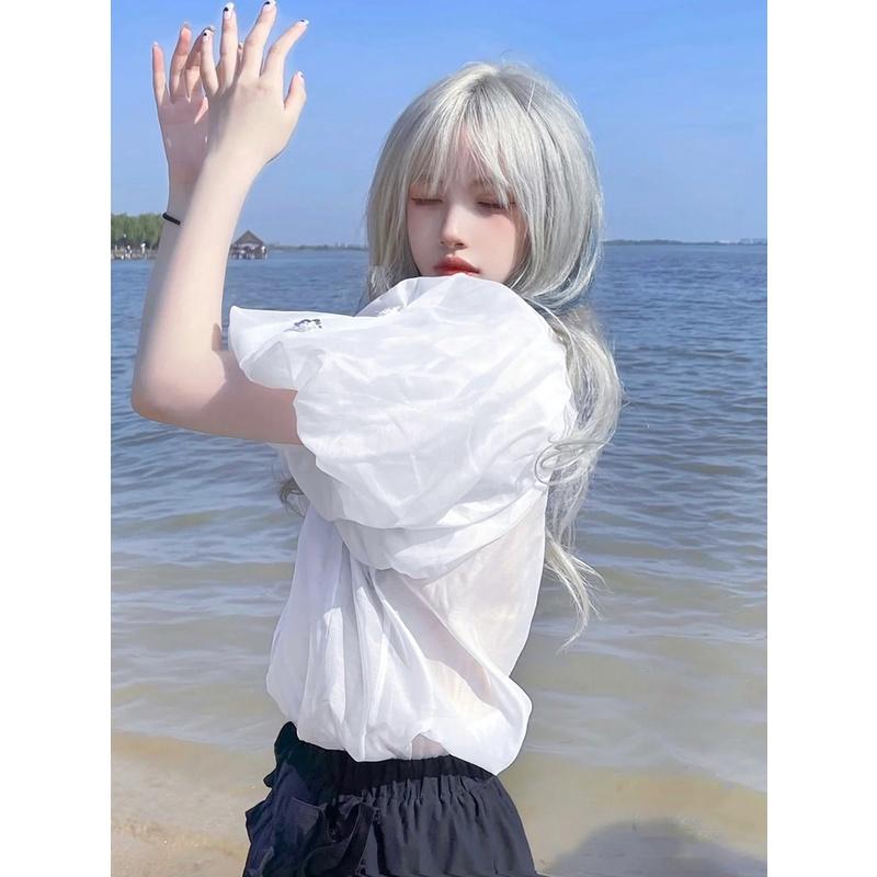 假髮川崎家☪︎⋆｡˚那年夏天寧靜的海.ᐟ.✾灰白挑染霧灰藍⋆*法式瀏海可鹽可甜蓬鬆自然波浪長捲假髮✽KZ036-細節圖5