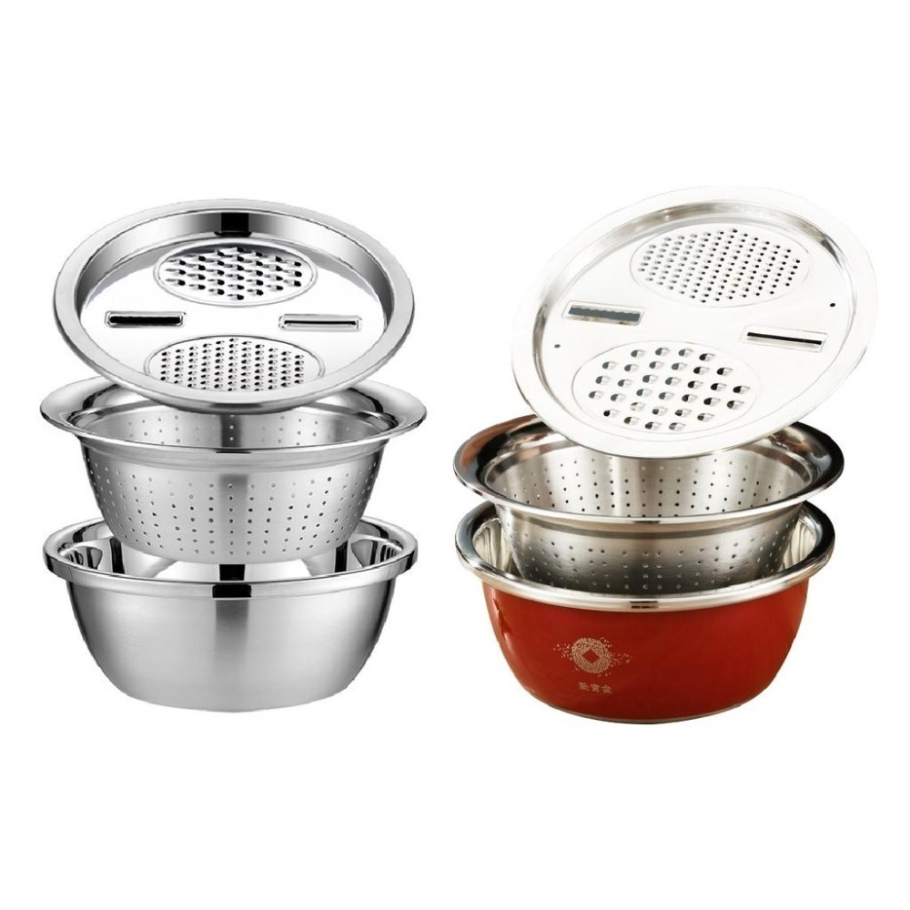 瀝水盆 不鏽鋼三件組 洗菜籃 刨絲器 多功能 洗米 洗菜 洗水果 瀝水 創意廚房刨絲盆 聚寶盆-細節圖2