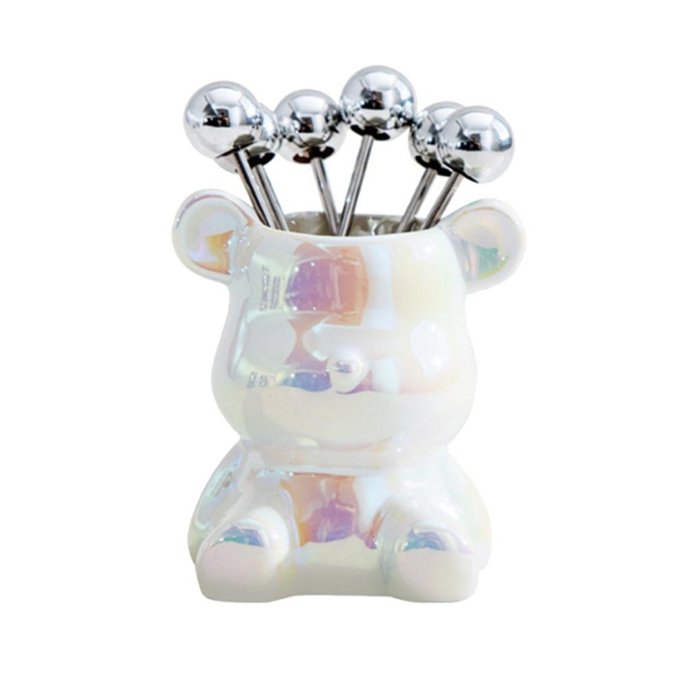 【台灣現貨】 輕奢北歐風小熊水果叉套裝 不銹鋼水果叉 小熊收納罐+6支水果叉 高顏值陶瓷小熊收納罐 家用刀叉水果叉子-細節圖2