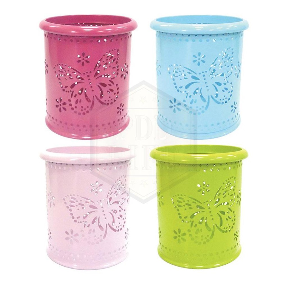 筆筒 鐵質筆筒 蝴蝶筆筒 化妝筒 簍空蝴蝶 置物筒 工具筒 圓形筆筒 馬卡龍筆筒 粉彩筆筒 文具收納 7B-7000-細節圖2