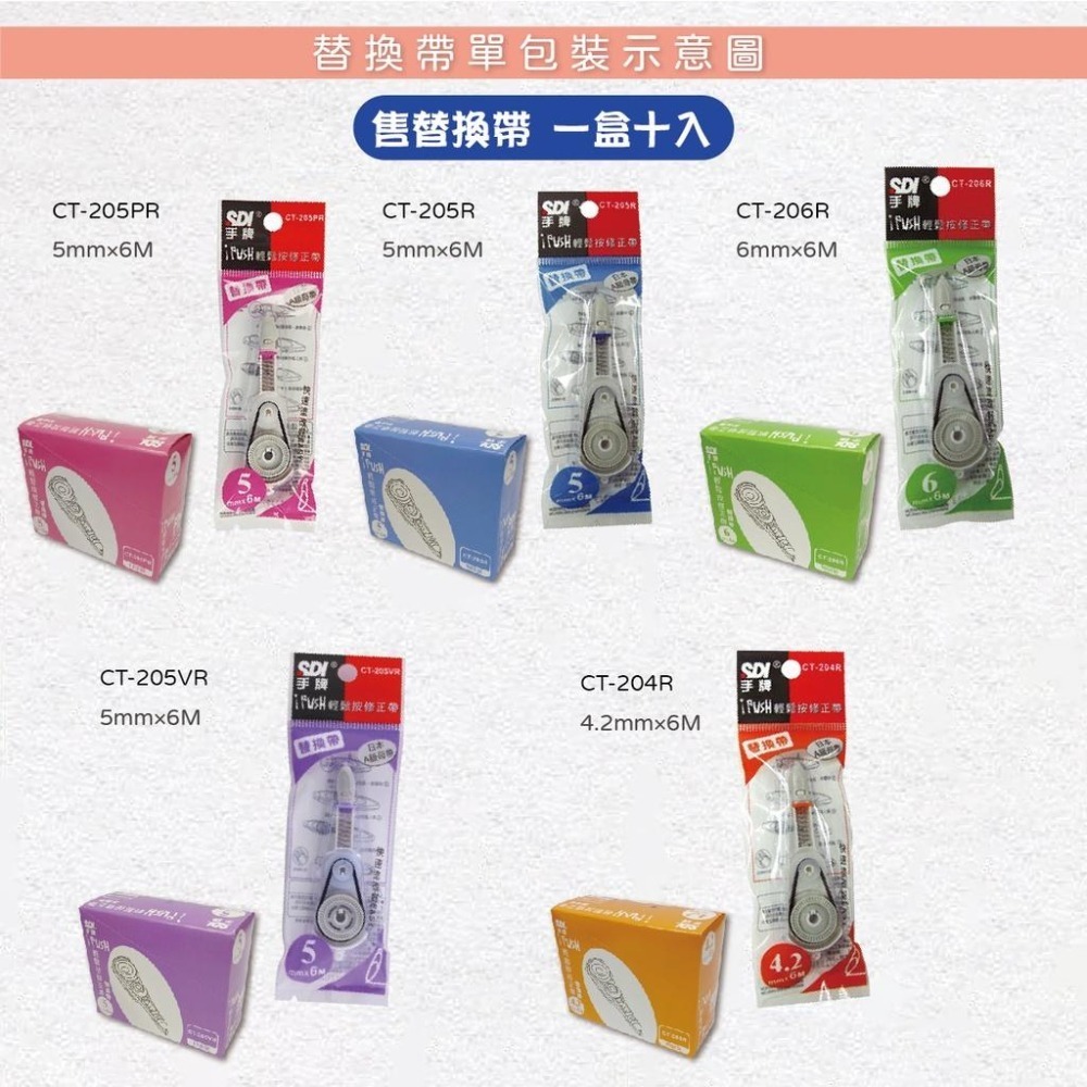修正內帶 CT-204R 205R 206R SDI 手牌 iPUSH 輕鬆按 內帶 (10入/盒裝) 修正帶 補充帶-細節圖3
