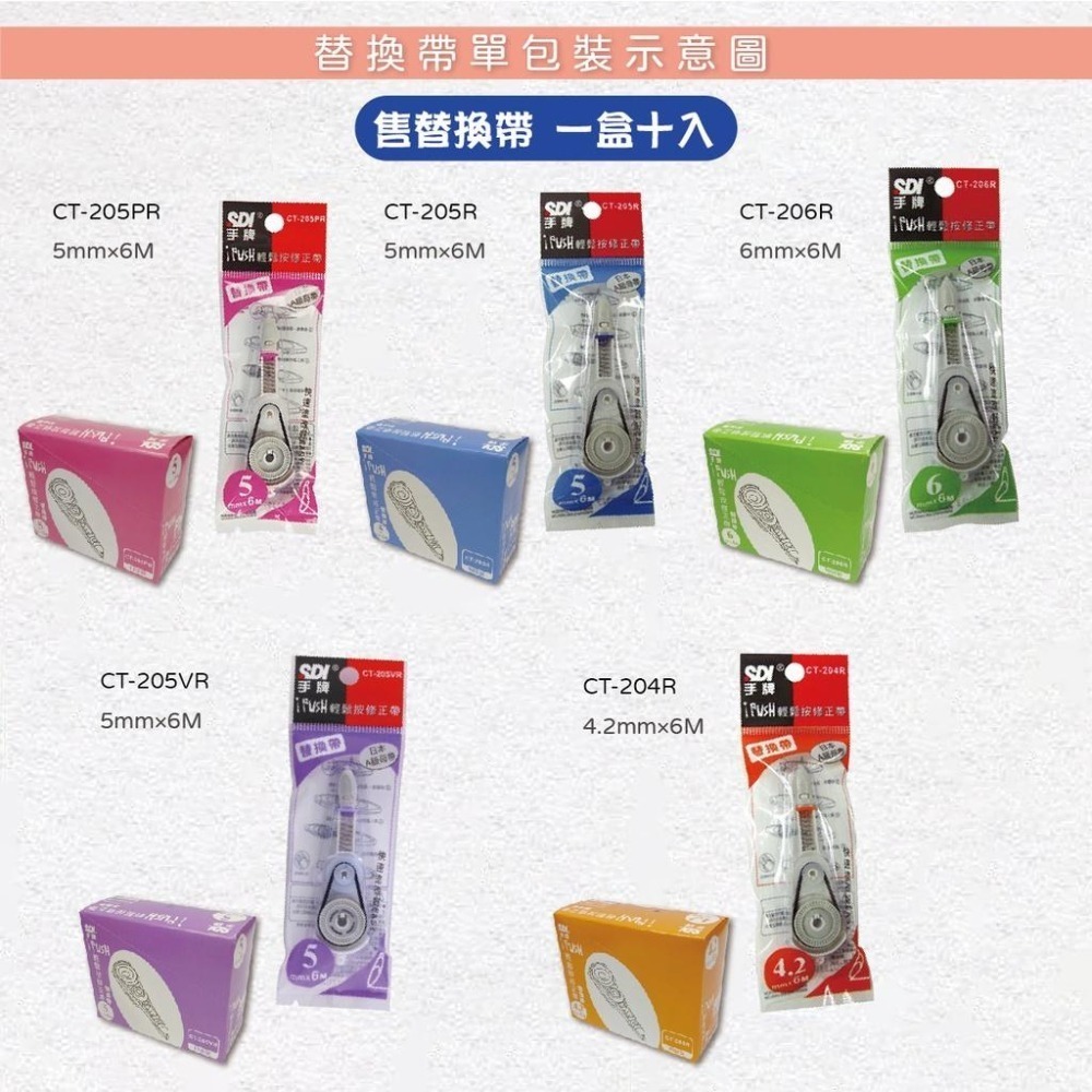 修正內帶 CT-204R 205R 206R SDI 手牌 iPUSH 輕鬆按 內帶 (10入/盒裝) 修正帶 補充帶-細節圖3