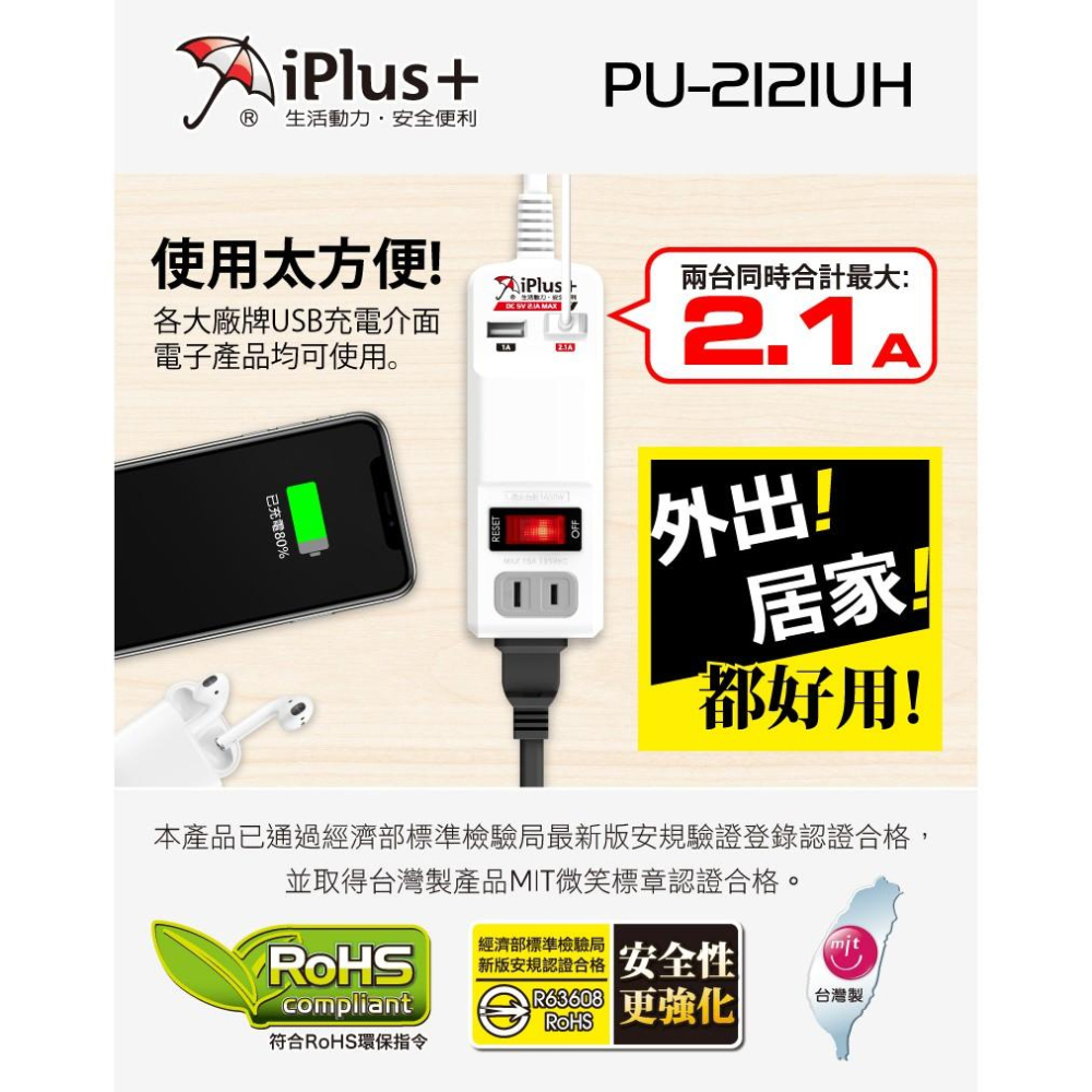 【現貨】台灣製 延長線 #2121  IPlus+  一開關.1個2孔插座+2個USB插孔 【符合2019最新安規】-細節圖4