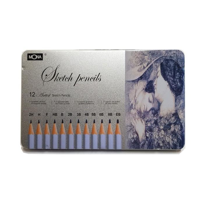 繪圖鉛筆 MONA 素描鉛筆 寫生鉛筆 塗鴉用 #80506 2H~8B+EB 共12支.鐵盒裝 繪圖 寫生 製圖-細節圖2