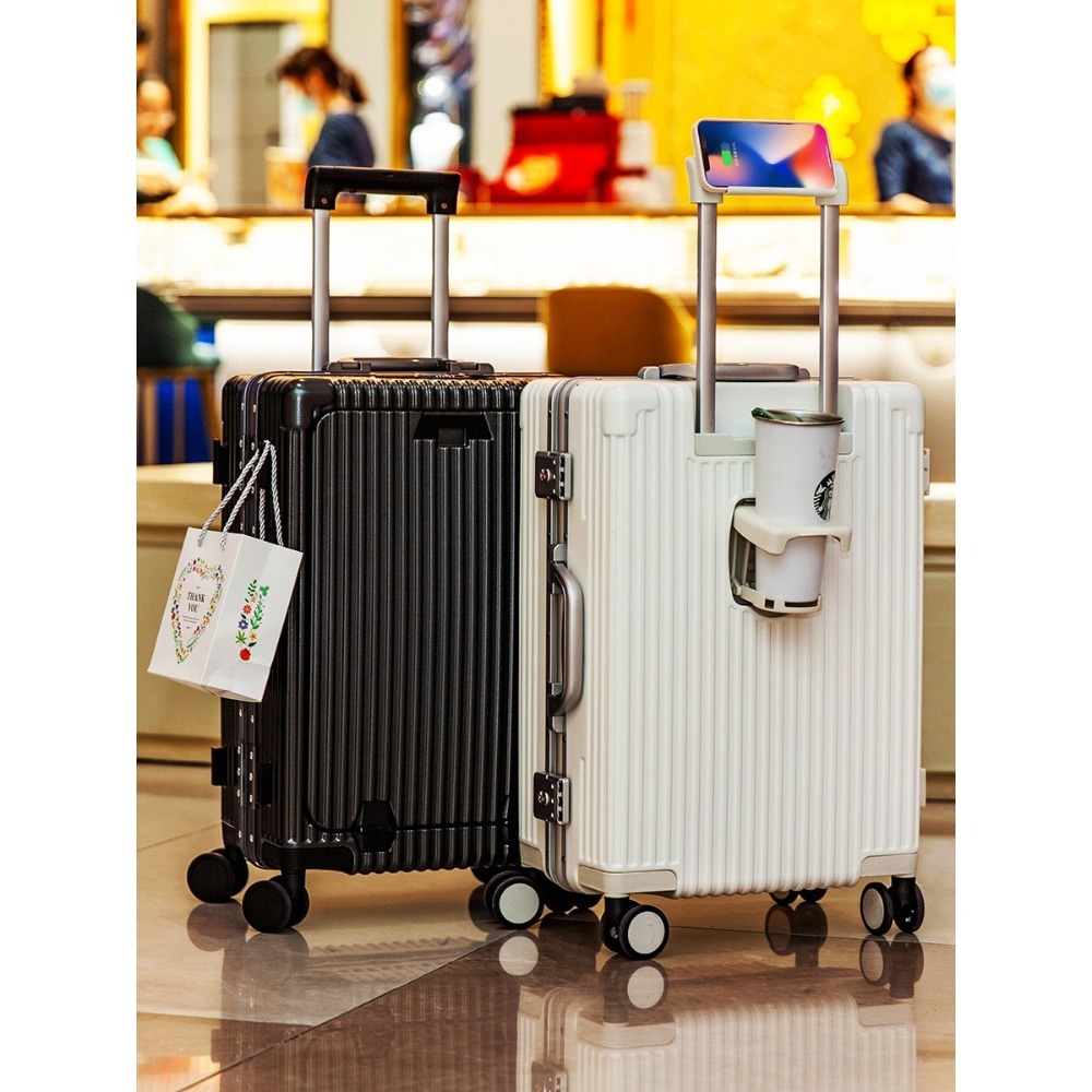 免運 雙充電口 前置開口 多功能鋁框行李箱 拉桿箱 密碼旅行箱 高檔登機箱子 萬向輪拉桿箱旅行包旅行包袋手提袋-細節圖3