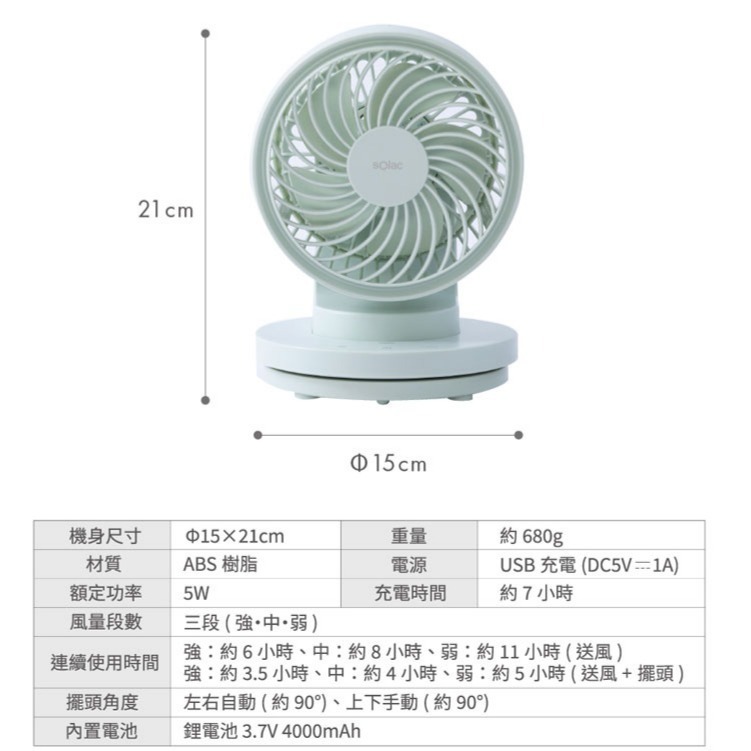 sOlac SFA-F01 6吋 DC 無線 行動風扇 辦公室必備-細節圖8