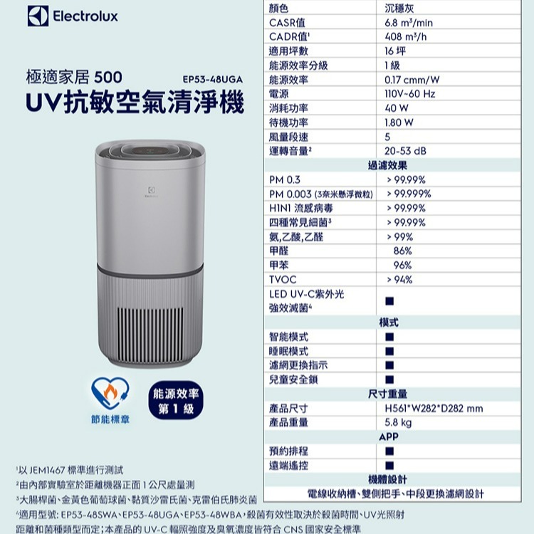 Electrolux 伊萊克斯 EP53-48UGA 極適家居500 UV抗敏空氣清淨機 沉穩灰-細節圖11