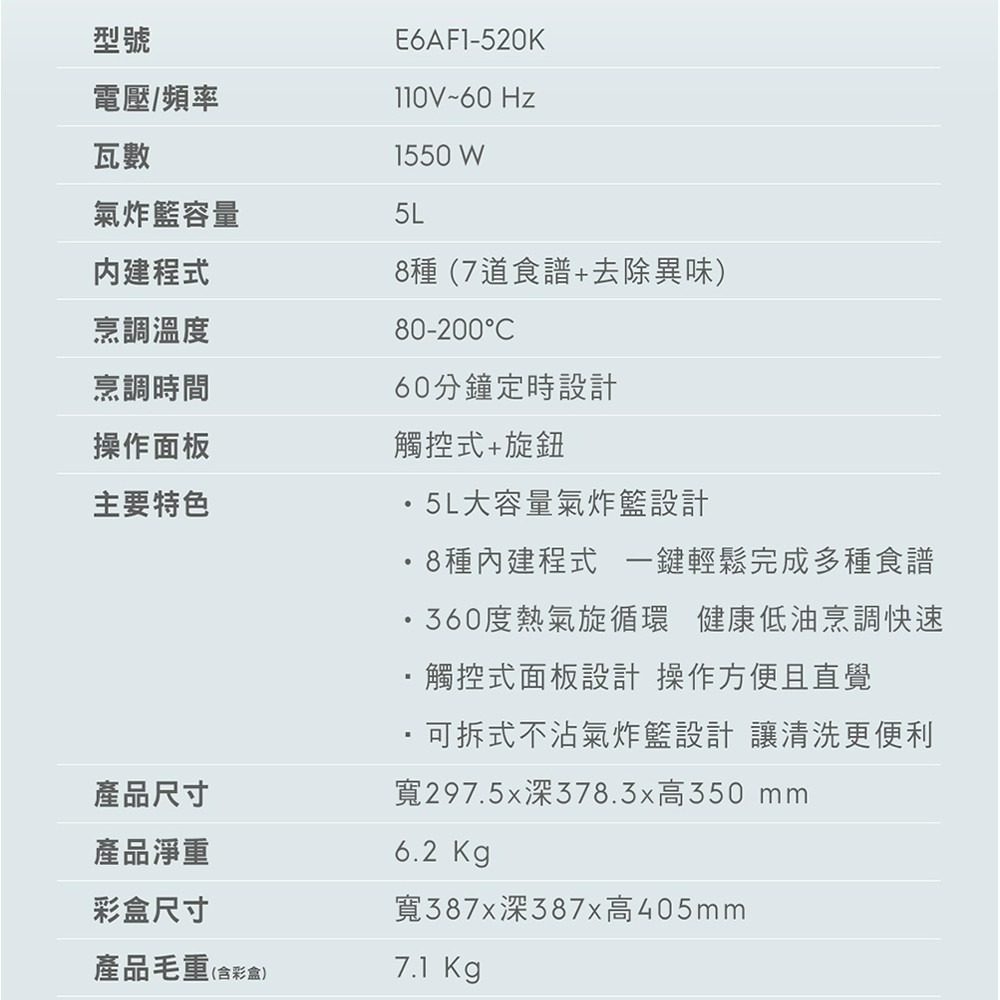 【送矽膠隔熱組】Electrolux 伊萊克斯 E6AF1-520K 氣炸鍋 5公升 觸控式-細節圖7