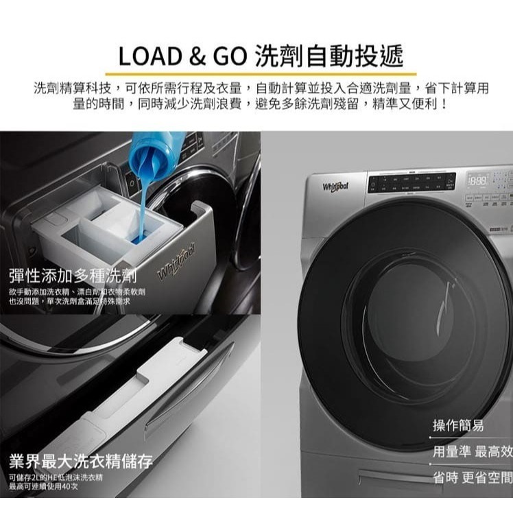 Whirlpool 惠而浦 8TWFC6820LC 滾筒洗衣機 17公斤 美式蒸氣 洗脫烘-細節圖4