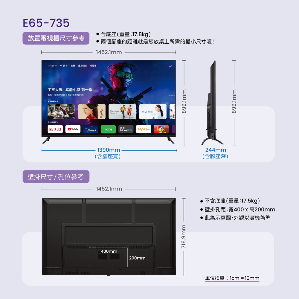 BenQ 明碁 E65-735 電視 65吋 追劇護眼 Google TV ※無視訊盒【純送無安裝】-細節圖2